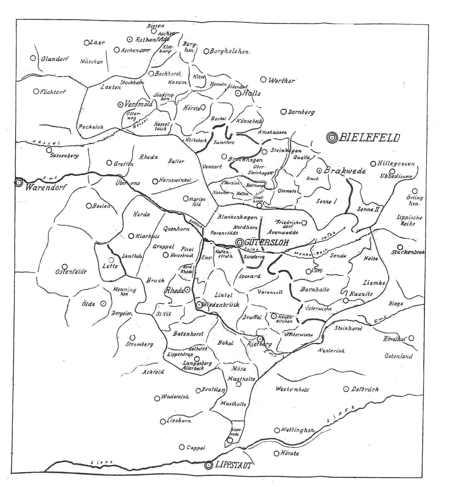 Karte der Bauernschaften im heutigen Kreis Guetersloh