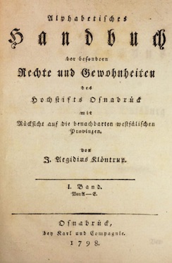 Titelblatt aus Kloentrup dreibaendigem Alphabetischen Handbuch des Gewohnheitsrechts im Stift Osnabrueck