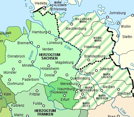 Das Land Sachsen. Ausschnitt aus der Karte Heiliges Roemisches Reich um das Jahr 1000
